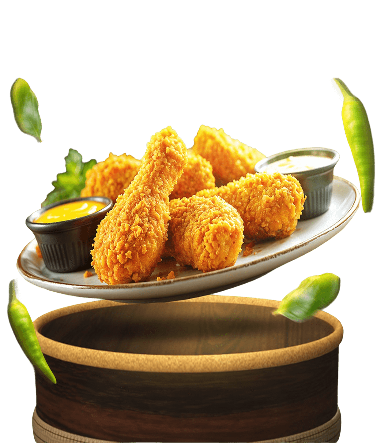 Crispy fried chicken drumsticks on a plate with dipping sauces and green chilies.