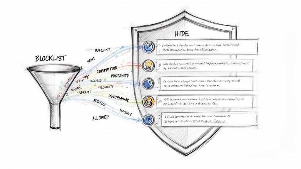 Diagram showing a blocklist funnel filtering unwanted comments, like spam and profanity, into a hidden shield.