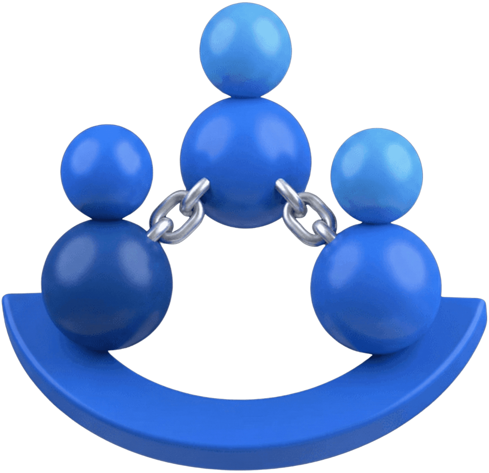 A three-dimensional blue icon representing a connected group of people. It features three stylized figures, each made of a sphere for the body and a smaller sphere for the head, standing on a crescent-shaped base. The two lower figures are linked to the central upper figure by silver chains.