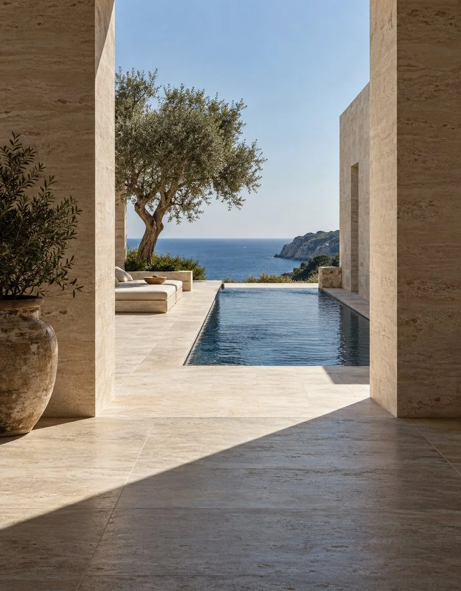 A stone terrace opening onto a pool and the sea beyond