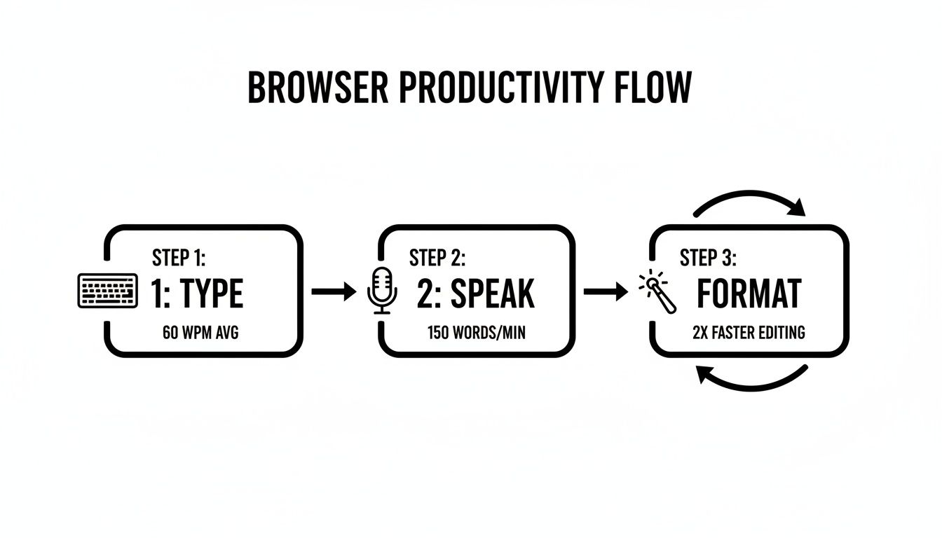 A flowchart illustrates a browser productivity flow with three steps: Type, Speak, and Format for faster editing.