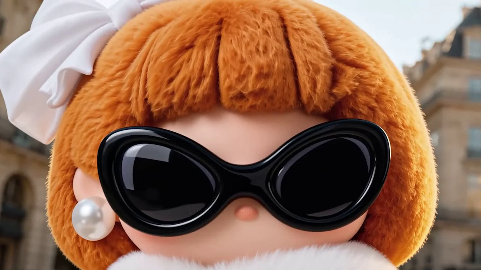 Close-up of Yoyo, MINISO's character, with black sunglasses, a white bow and a pearl earring