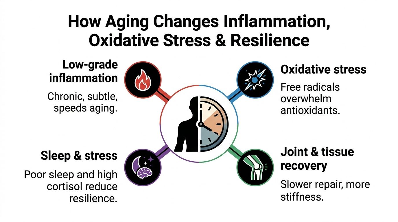 A diagram illustrating how aging impacts inflammation, oxidative stress, sleep, and joint recovery in the human body.