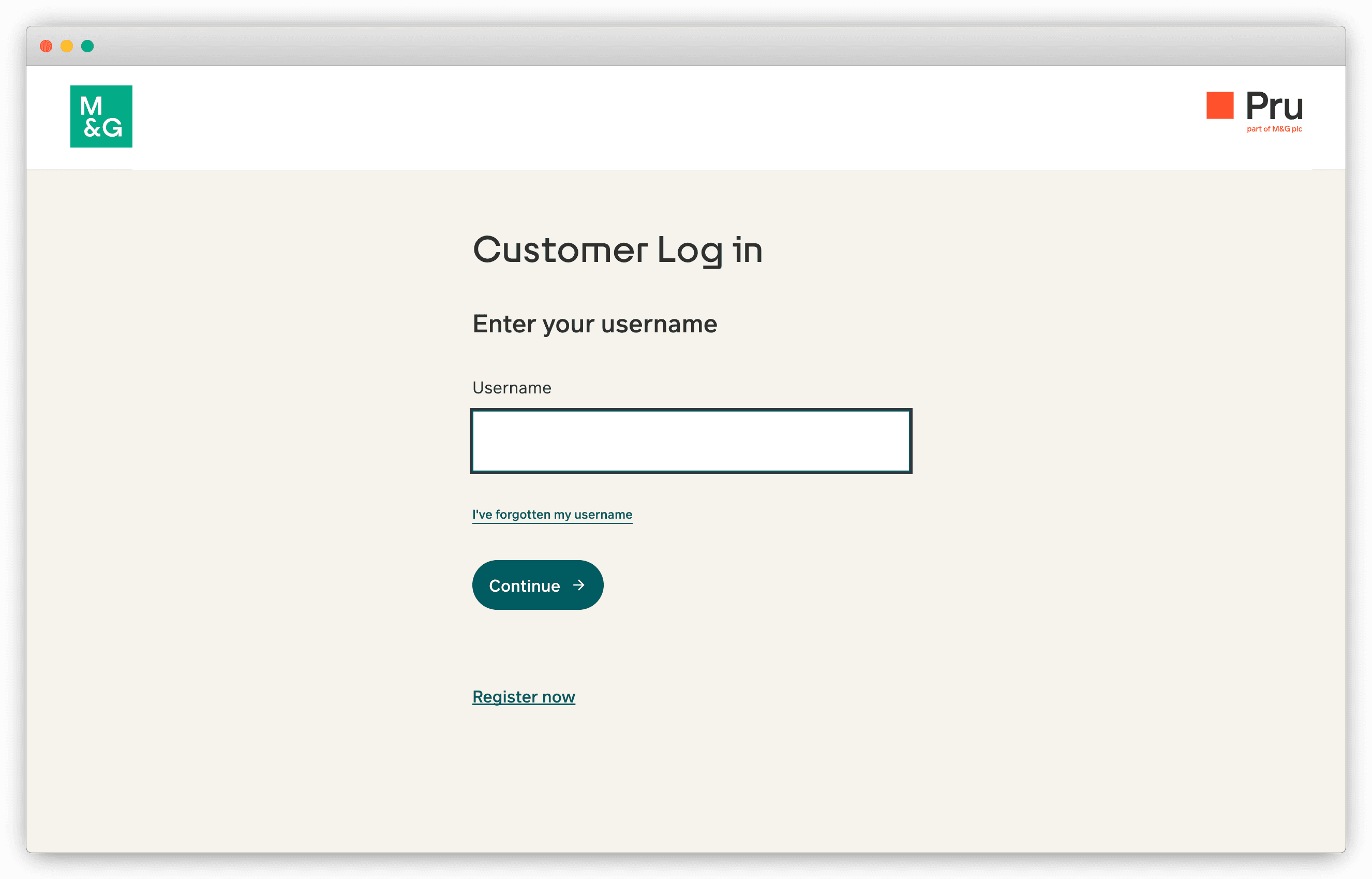 Prudential customer login page with a link to register for online access
