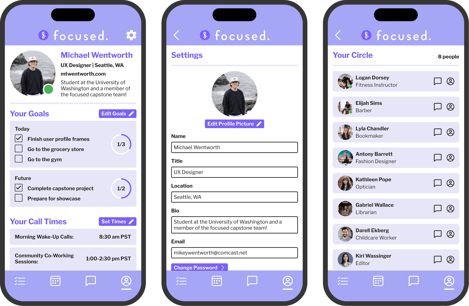 Redesigned focused app screens showing the profile, settings, and Your Circle social feature