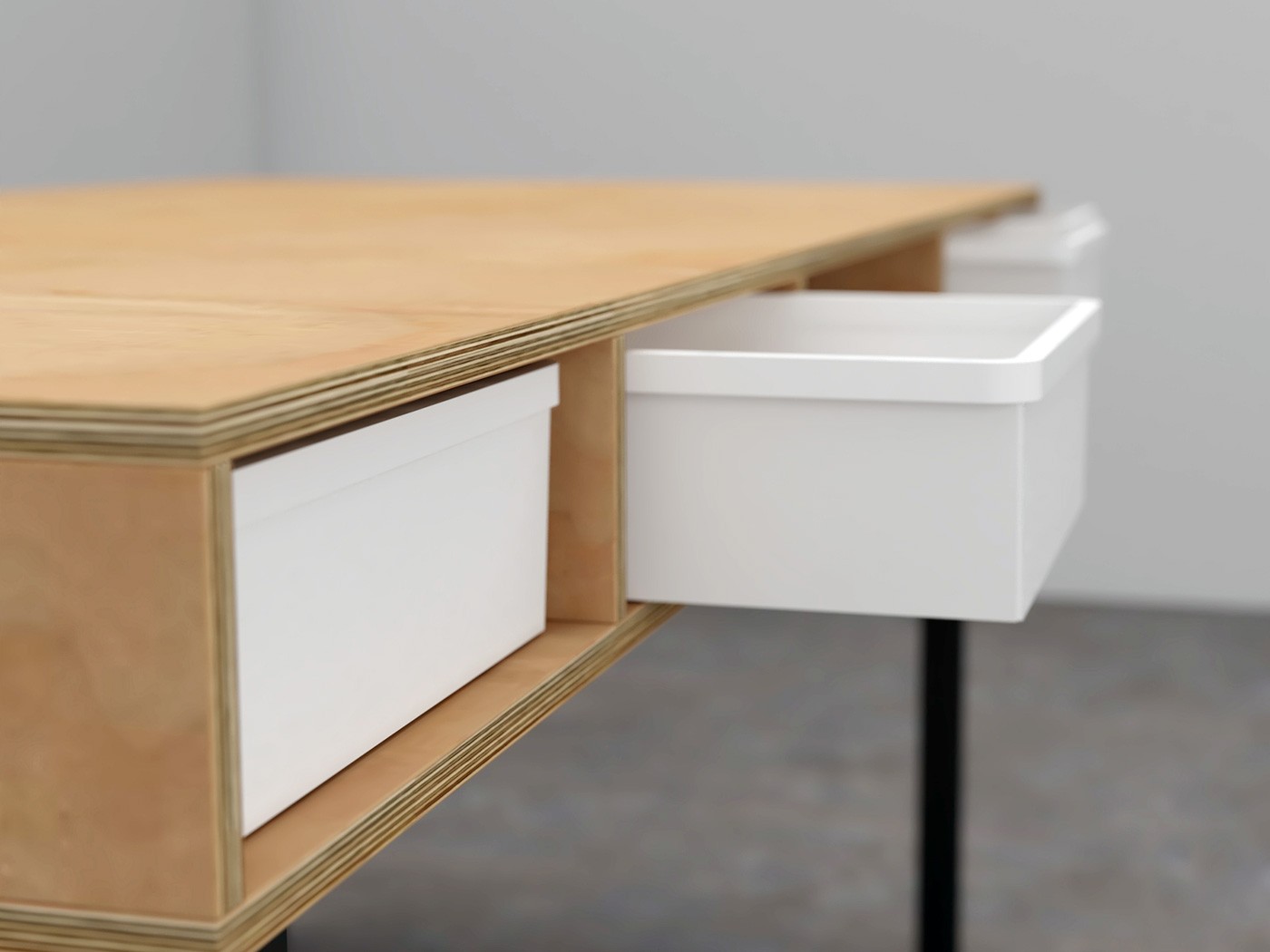 화이트 컬러 서랍 정면 뷰, 합판 구조와 이동식 수납 모듈이 결합된 Draw Table – Studio Underscore 작업용 테이블 디자인