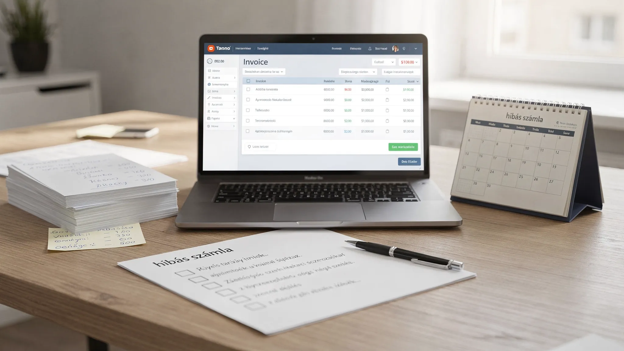 Egy kisvállalkozás pénzügyi adminisztrációja: laptopon megnyitott számlázó felület, mellette papíralapú jegyzetek, naptár és egy „hibás számla” jelölésű ellenőrzőlista.