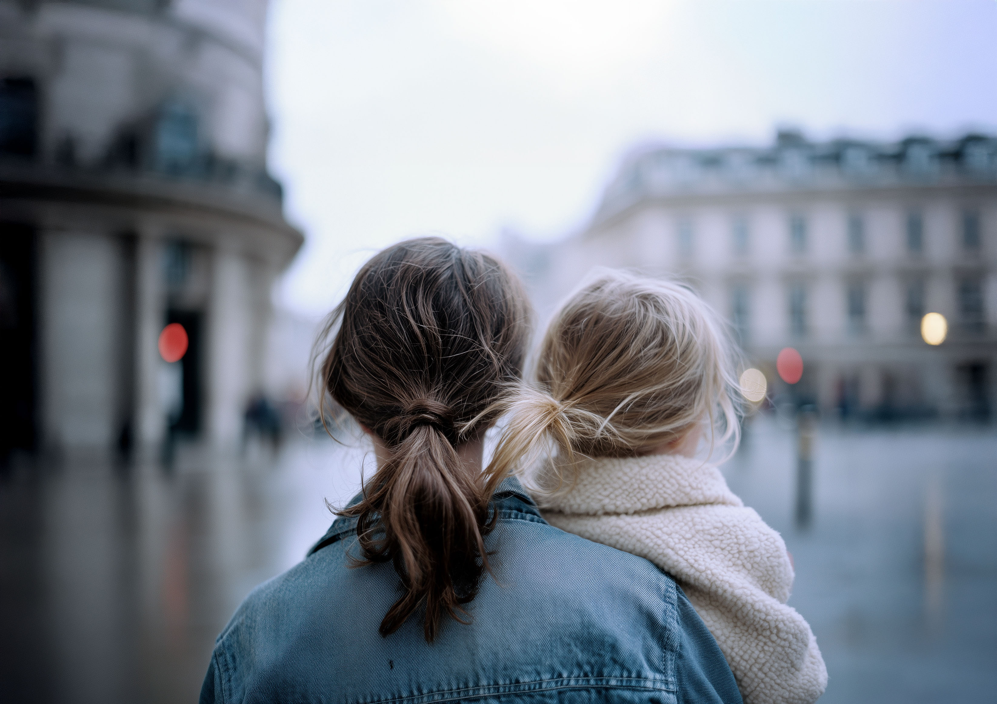 Photo from behind of the back of the heads of a woman with a pony tail carrying her young daughter