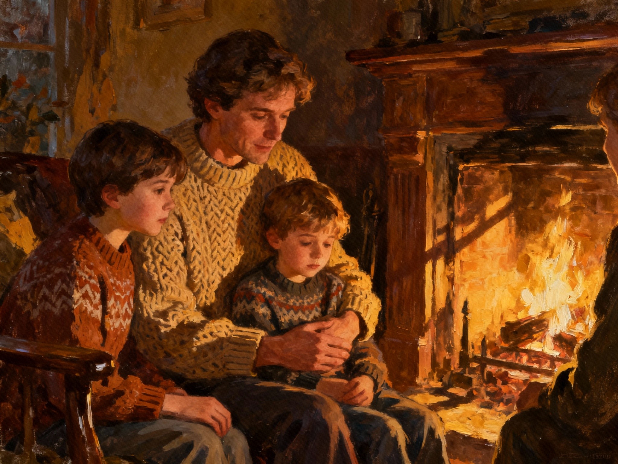 A cozy indoor family gathering around a fireplace in a shot, with warm golden hour lighting casting