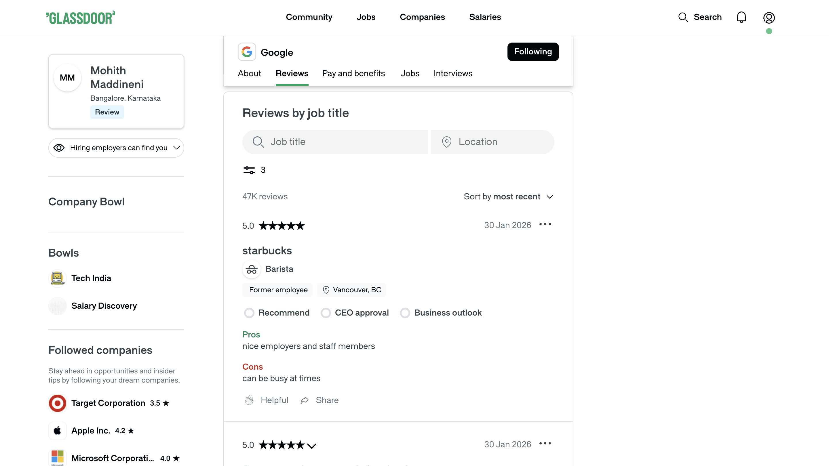 Reviews of a company on Glassdoor