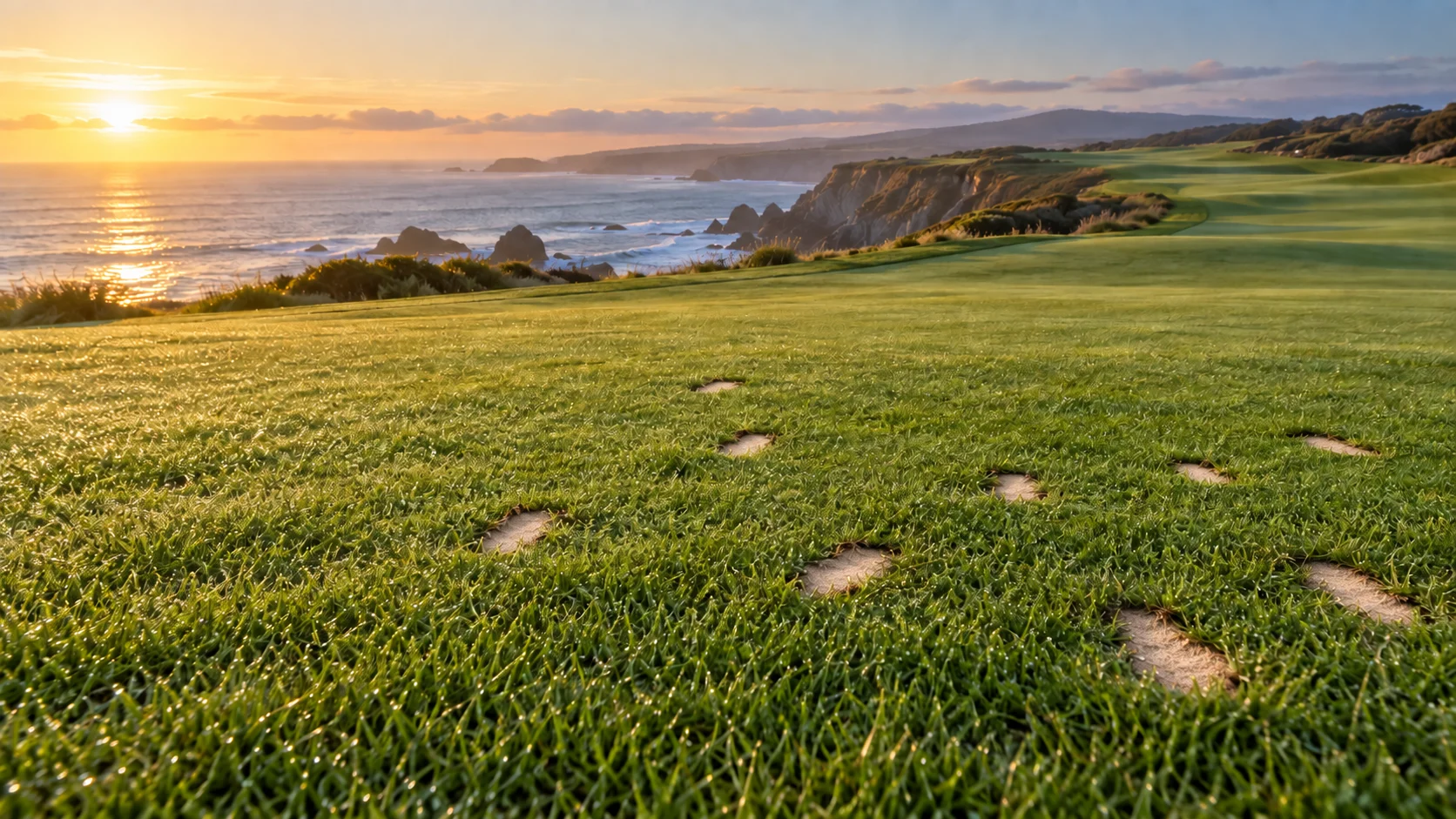 Illustration of sand-filled divots across a coastal golf-course fairway.