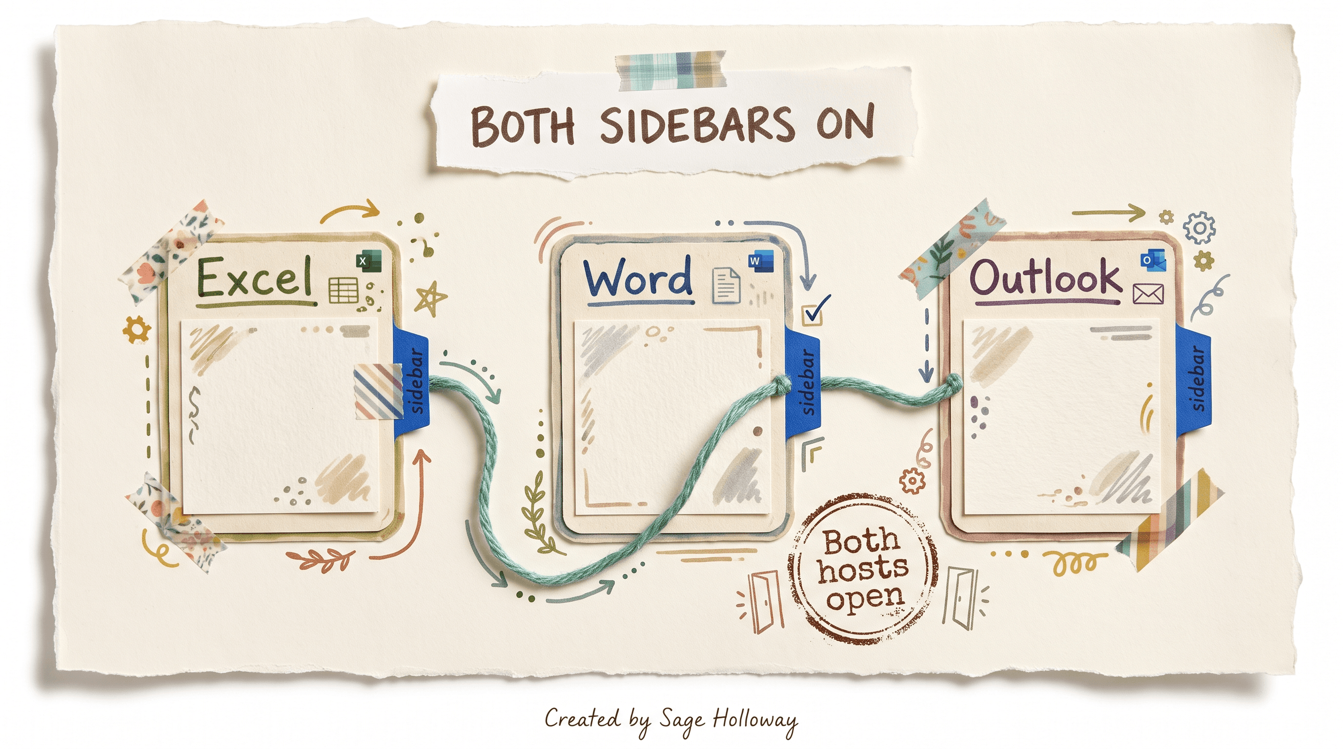 Scrapbook diagram of Excel Word and Outlook with both Claude sidebars active for cross-app work