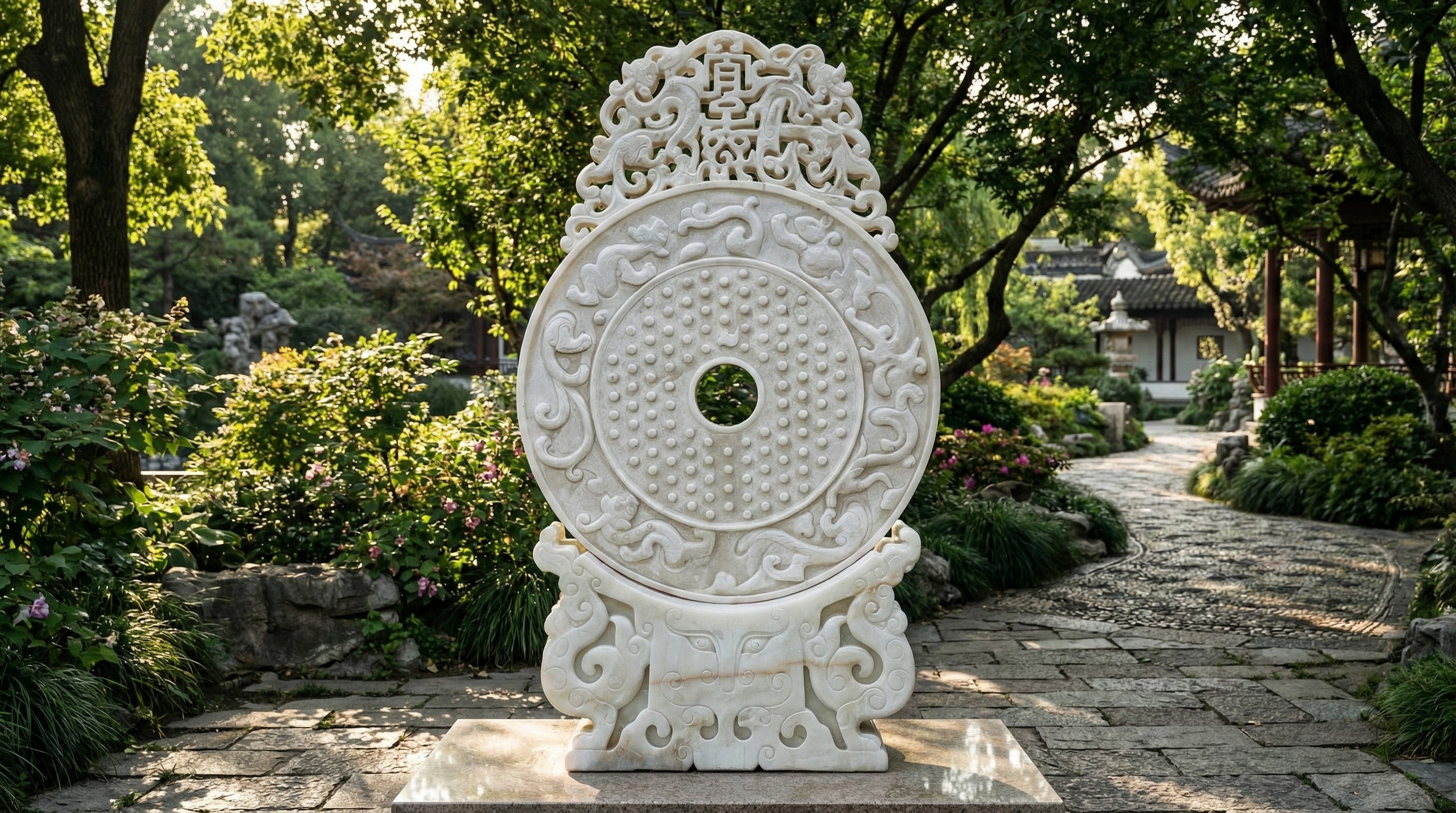Bespoke white jade garden ornament with elaborate relief carving in a luxury landscape project, by NOVA STONE.
