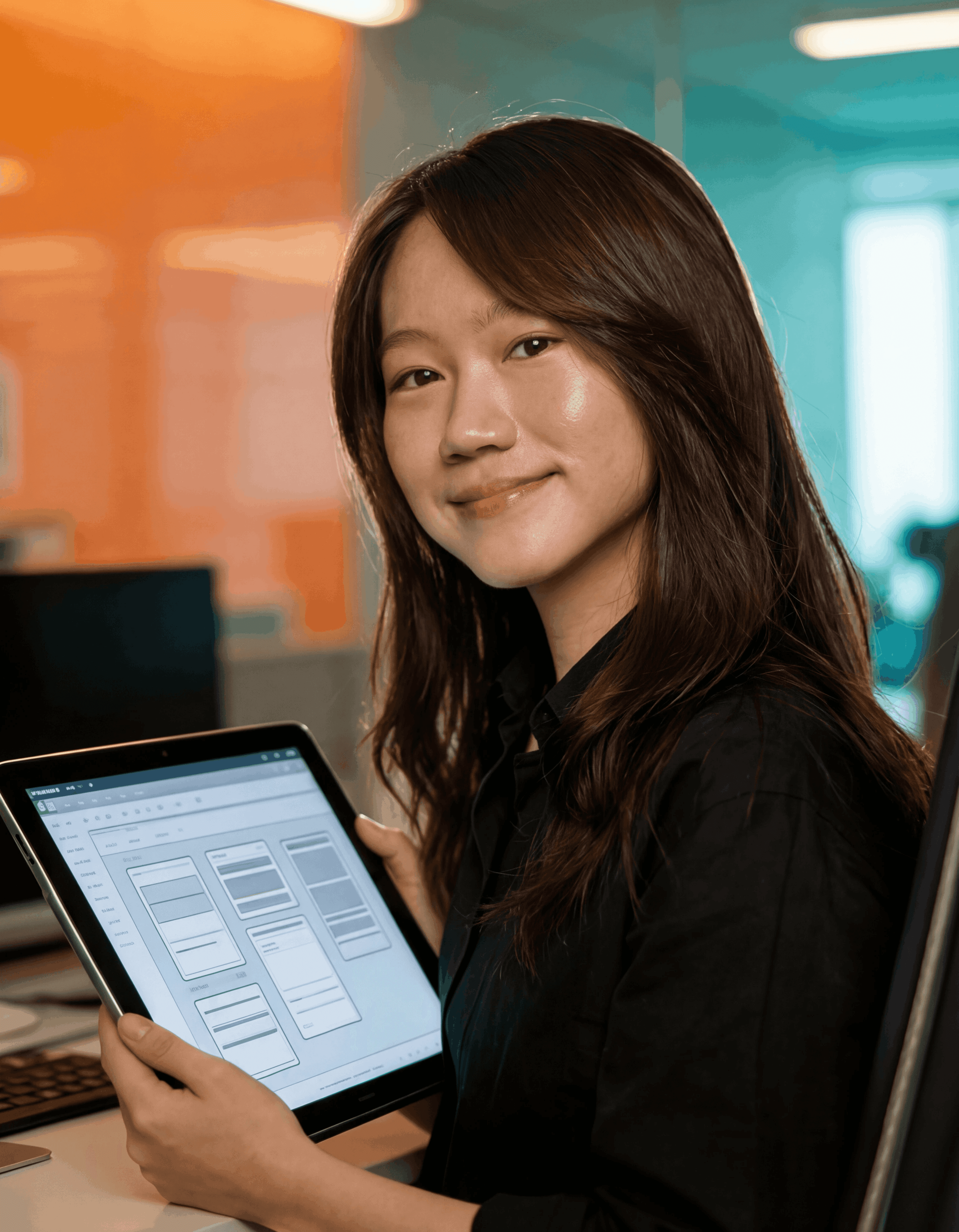 Portrait of a young man in a dark double-breasted suit and black turtleneck. Soft lighting creates a sophisticated, serious tone.
