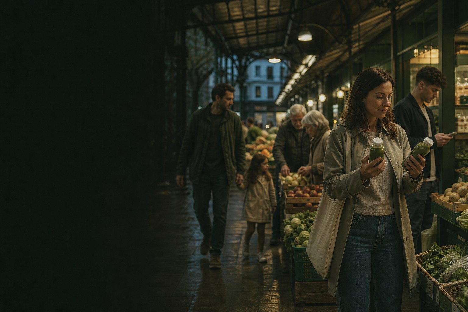 Shoppers in a covered food market at dusk; a woman compares two bottles of green juice