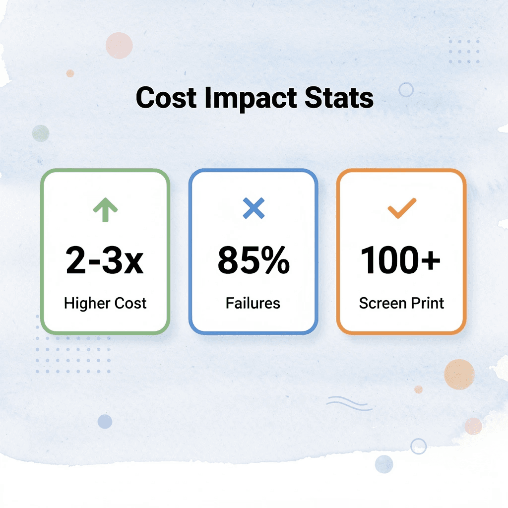 Statistics showing cost impact and failure rates of wrong printing method choices - Types of T-Shirt Printing 