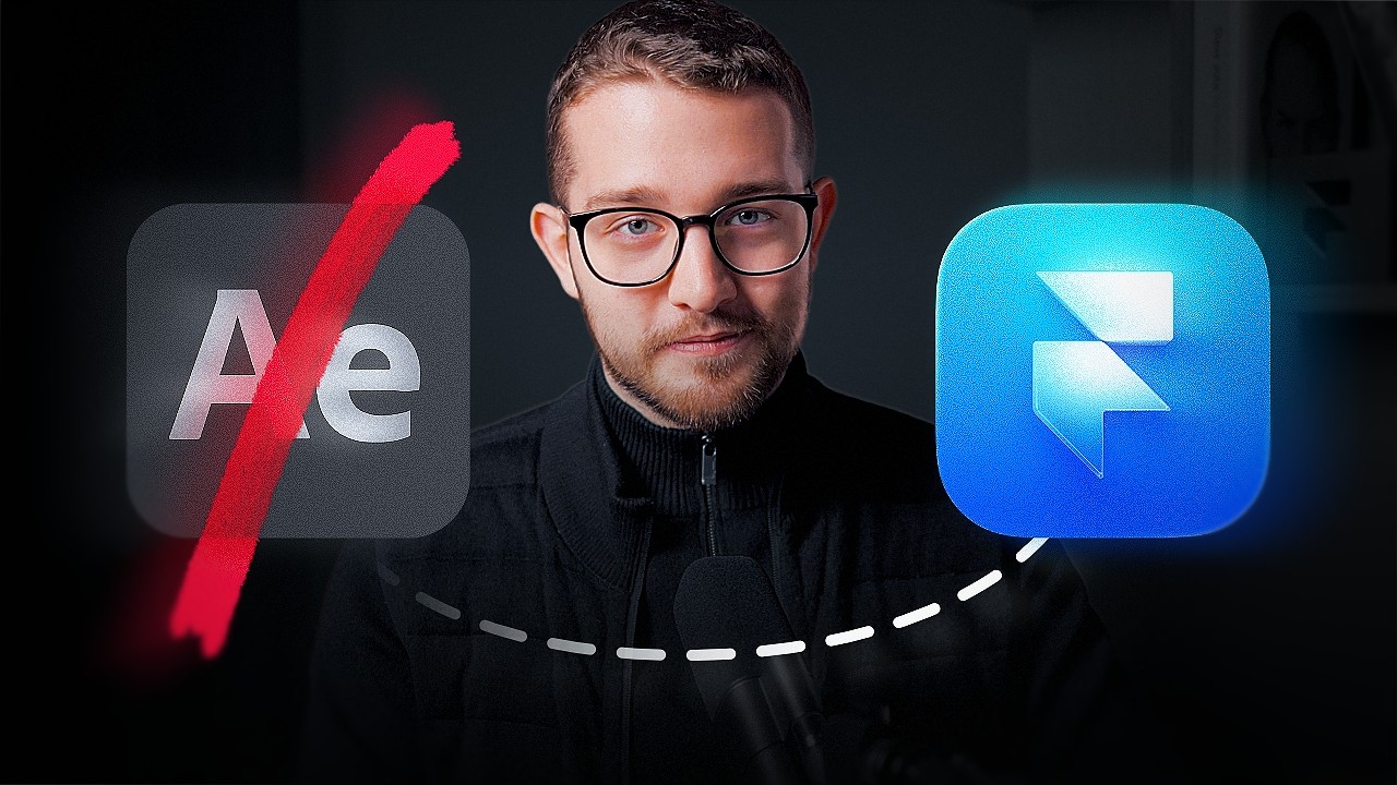 Person between After Effects logo crossed out in red and glowing Framer logo, symbolizing transition from one tool to another