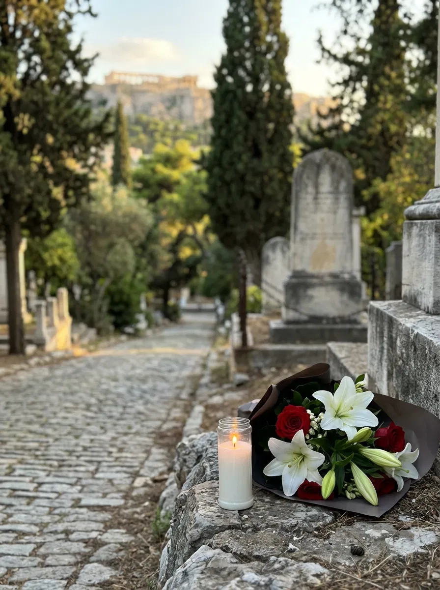 Symbolic memorial scene in an Athenian cemetery.