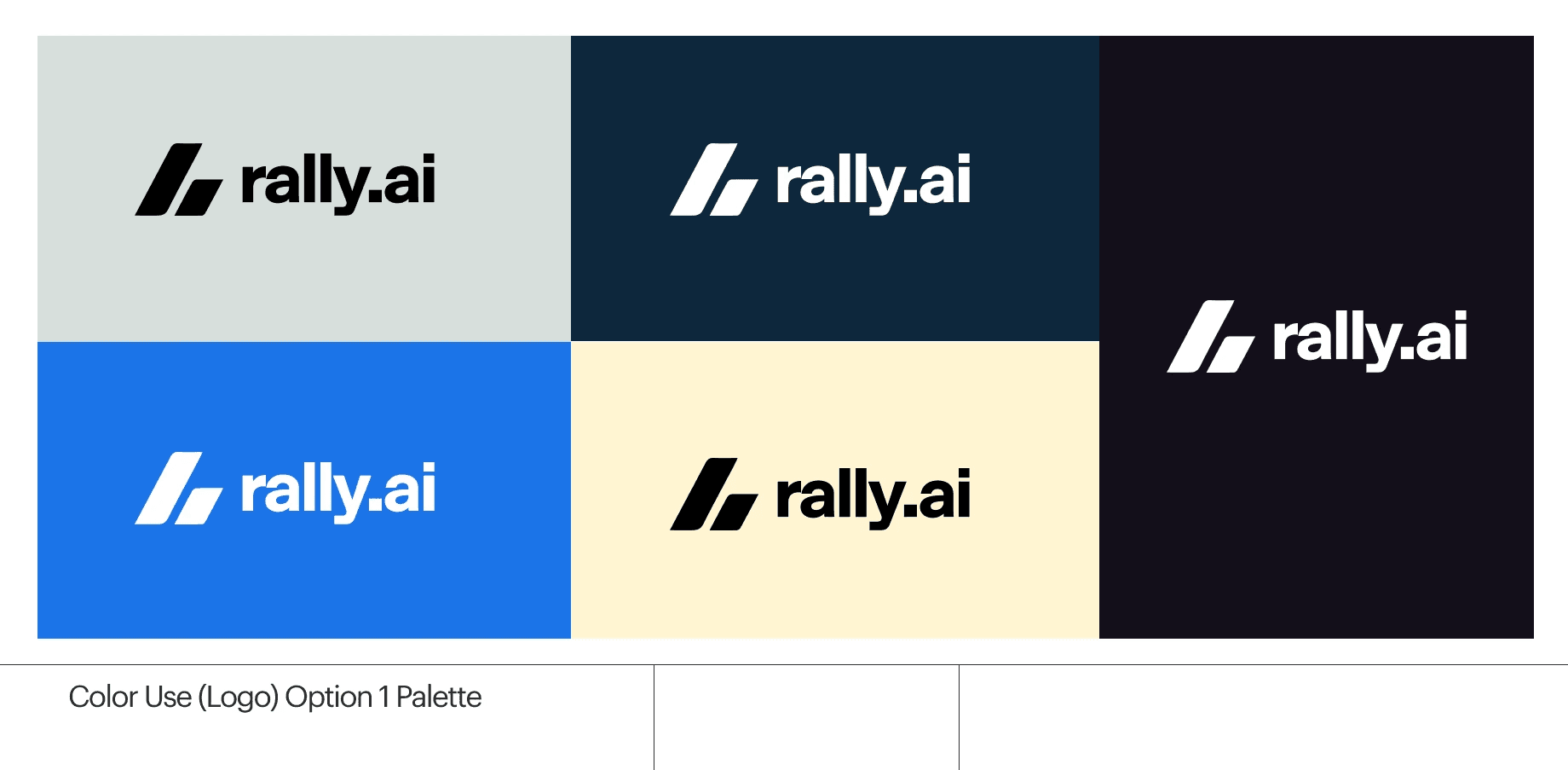 Rally AI logo usage guide showing the wordmark across six background color options including white, navy, blue, cream, and dark backgrounds