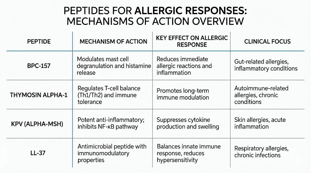 Peptides for allergies comparison chart showing mechanisms of action