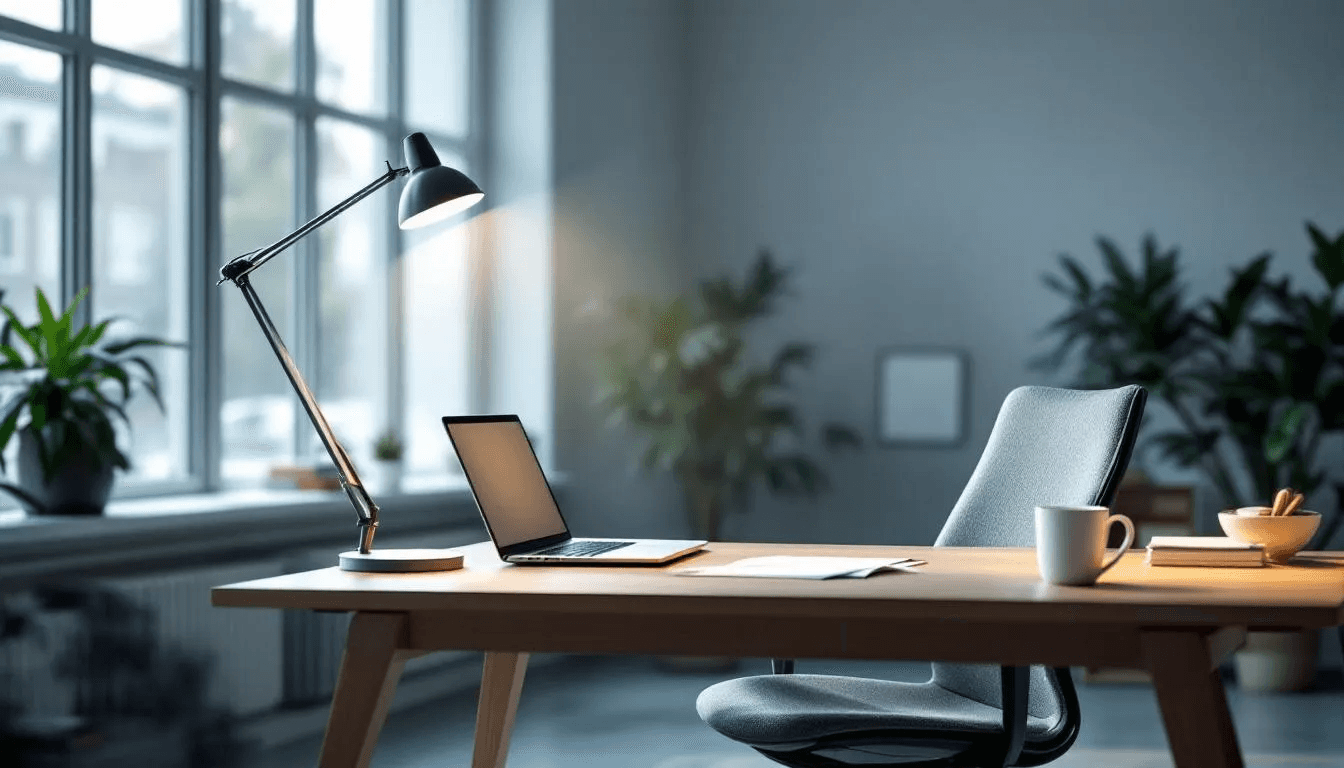 In dem Bild ist ein Büroarbeitsplatz zu sehen, der durch Tageslicht und eine Schreibtischlampe optimal beleuchtet wird. Die Einrichtung umfasst moderne Büromöbel und schafft eine angenehme Arbeitsumgebung für Mitarbeiter, die in einem gut gestalteten Büroraum arbeiten.