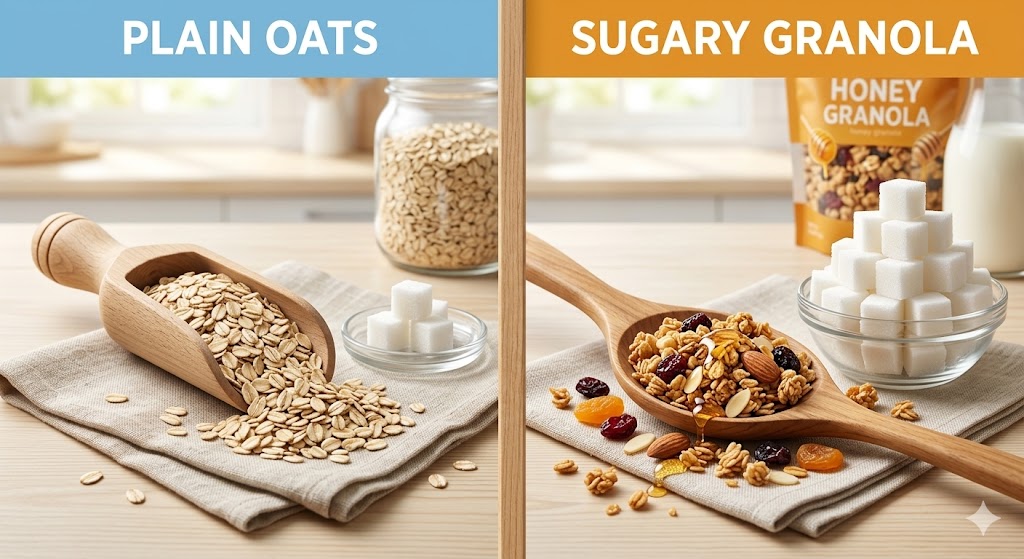 A side-by-side comparison illustrating sugar differences. On the left, a wooden scoop of plain oats with minimal sugar cubes. On the right, granola clusters on a spoon with dried fruit, honey drizzle, and a bowl of many more sugar cubes, on a wooden kitchen counter.