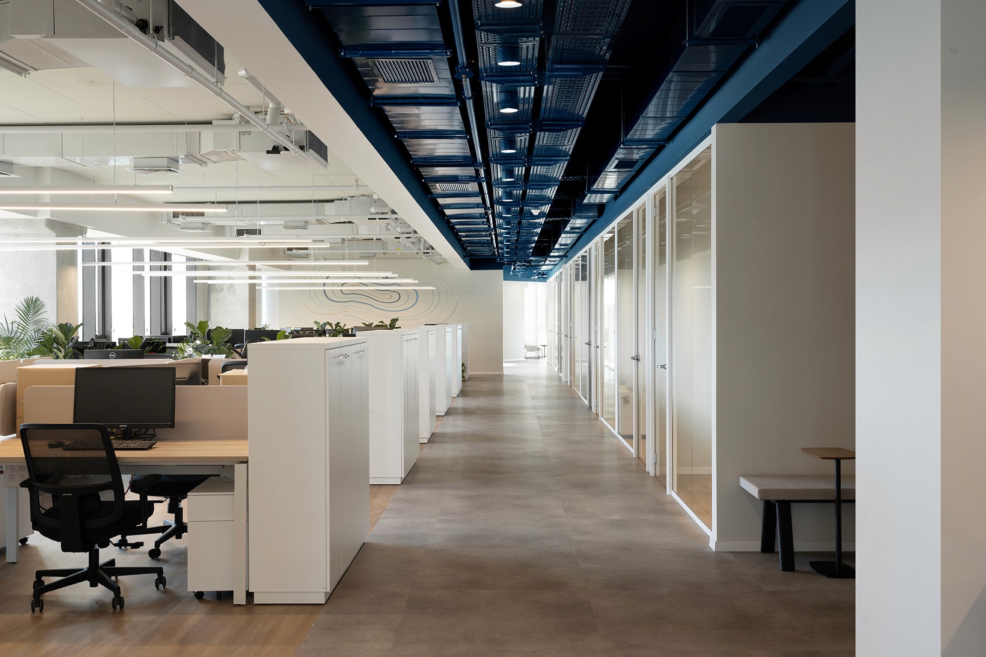 מסדרון המחבר בין ה"שכונות": תקרה חשופה עם צנרת צבועה בכחול (Exposed Ceilings) ומחיצות זכוכית מרצפה עד תקרה לשקיפות מלאה