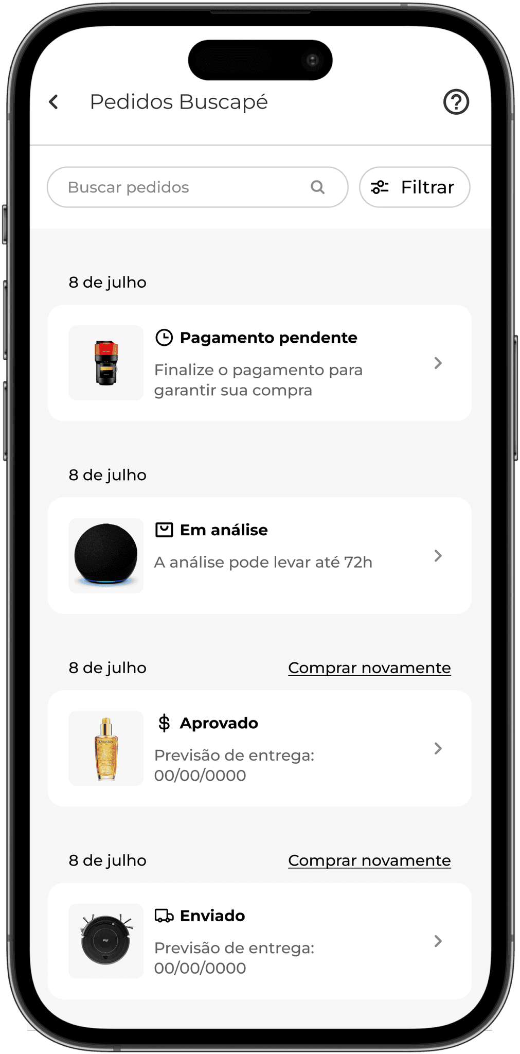 Página mobile de todos os pedidos. A página apresenta: título com um ícone de interrogação ao seu lado (que abre um tooltip). Seguido pela barra de busca e filtros da página. E logo após os cards de pedidos com diferentes produtos: em cada card temos o status do pedido, a data e a partir do status de pagamento aprovado um linkbuttom de "comprar novamente".