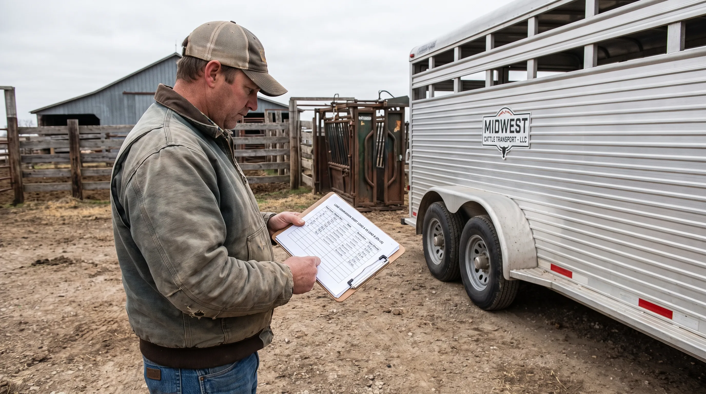 A livestock hauler reviews a comparison sheet for two loads beside a parked stock trailer, with cattle handling facilities behind him.