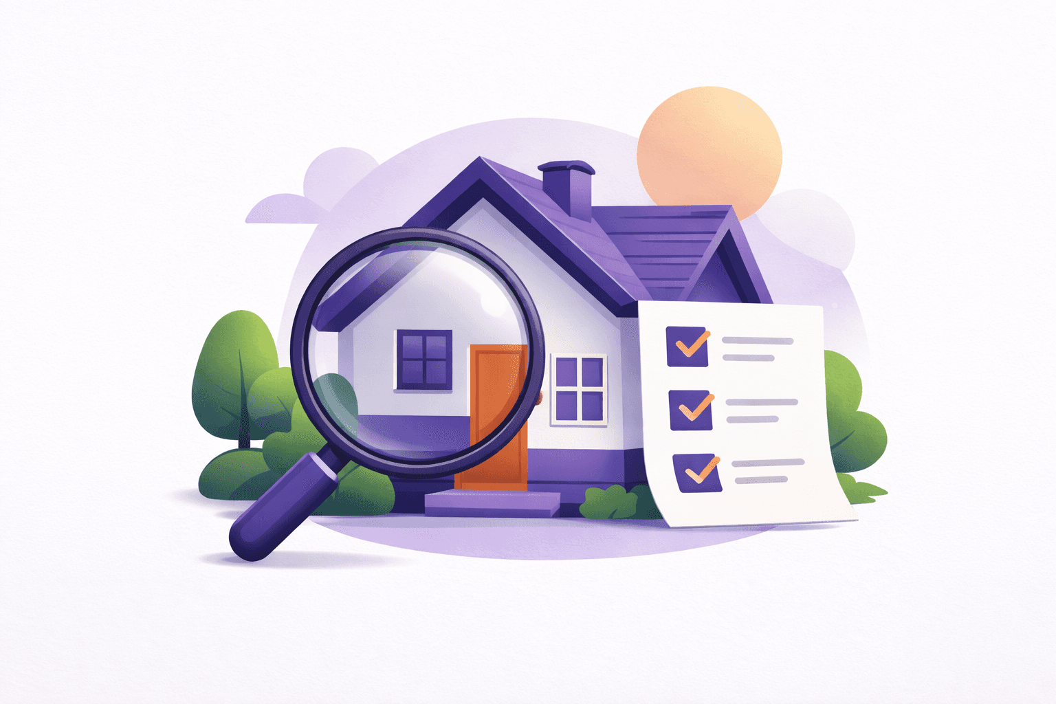 A house under a magnifying glass with a checklist beside it, representing a Contract of Sale and Section 32 review.