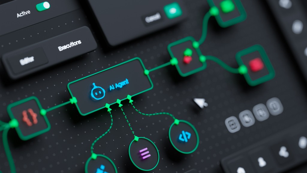 Interface d’automatisation numérique avec des connexions entre modules, représentant l’optimisation des processus grâce à l’intelligence artificielle et au no-code.