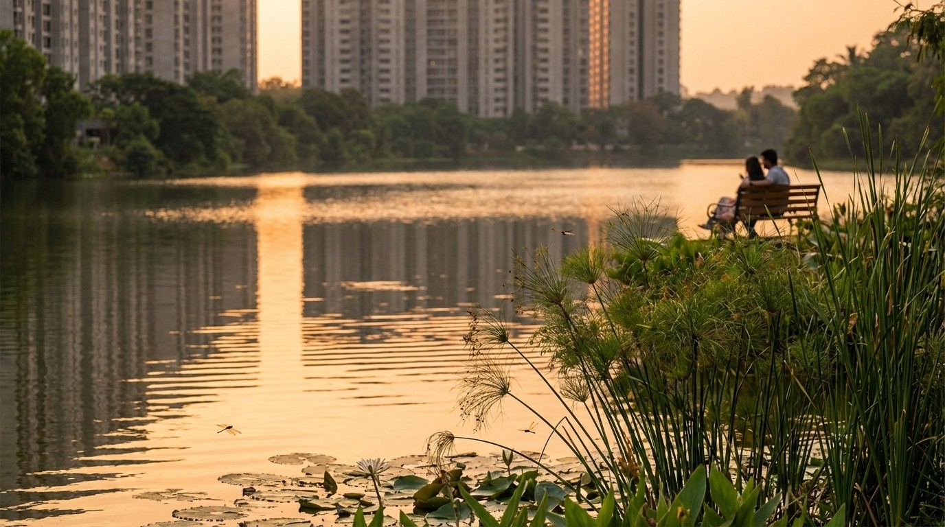 Rooftop sky lounge at Prestige Vaishnaoi Rainbow Waters, 36-storey residential tower in Gachibowli, with HITEC City skyline