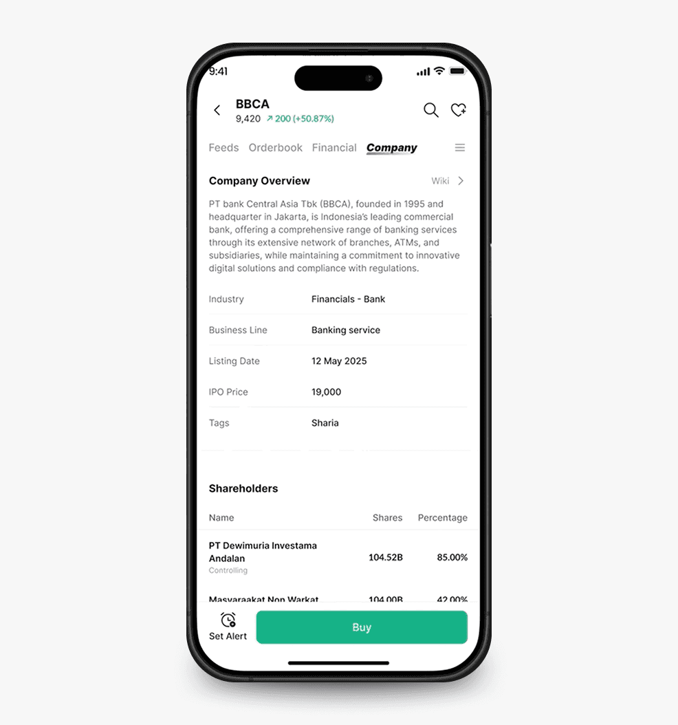 Company tab presenting company profile and business information for Individual Stock