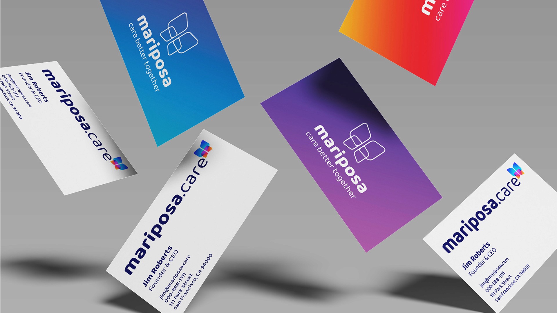 Mariposa senior care app brand staff business card mock up