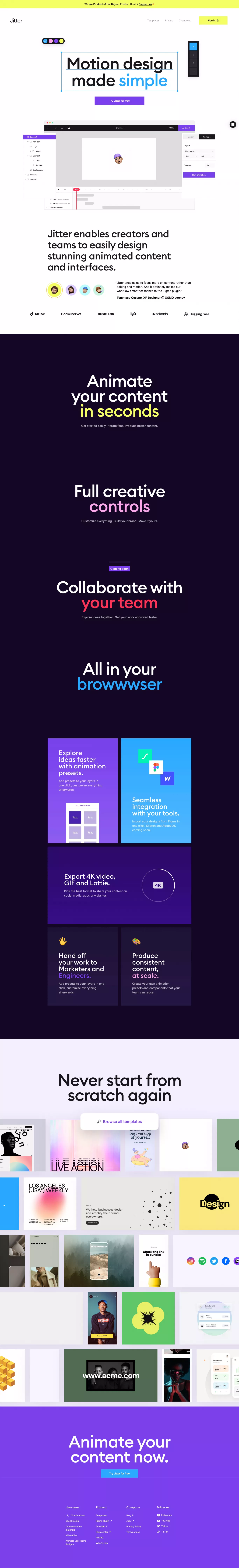 Jitter · Fast and simple motion design t landing page screenshot showcasing Design and Tech design
