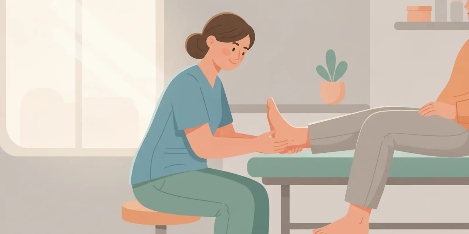 A clinician examining a patient's feet to compare arch shapes
