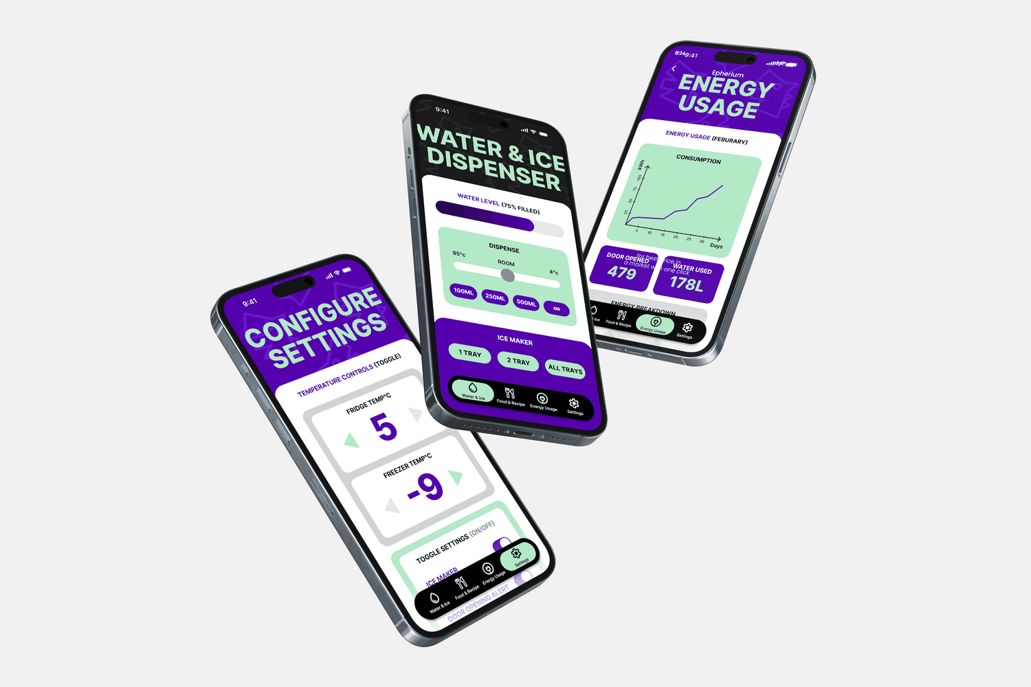 Mockup of three phones suspended in the air showing other application screens