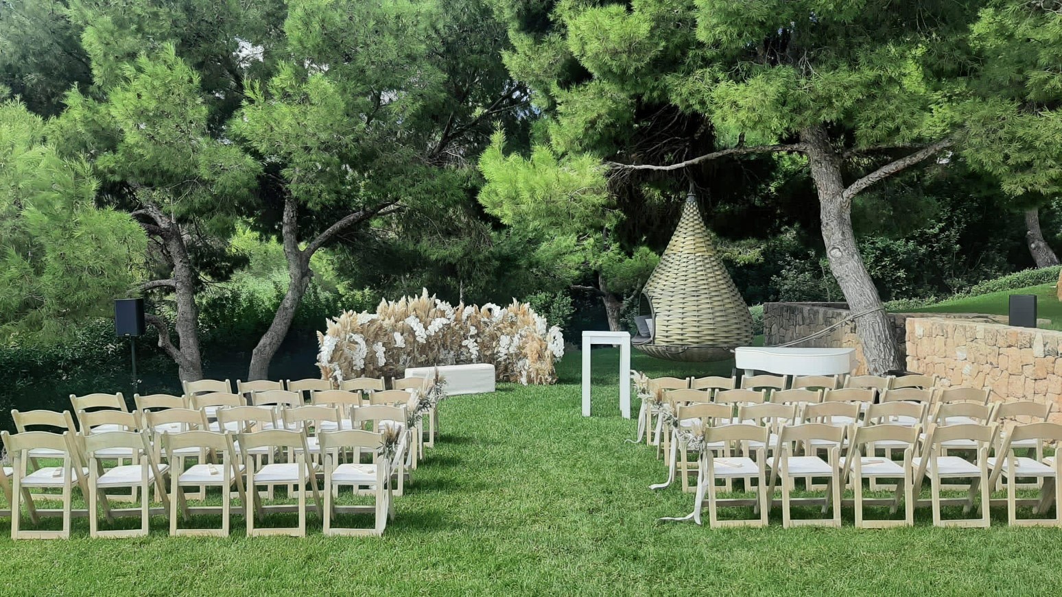 Wedding setup in garden, exclusive luxury villa Ibiza private privacy VIP estate property.