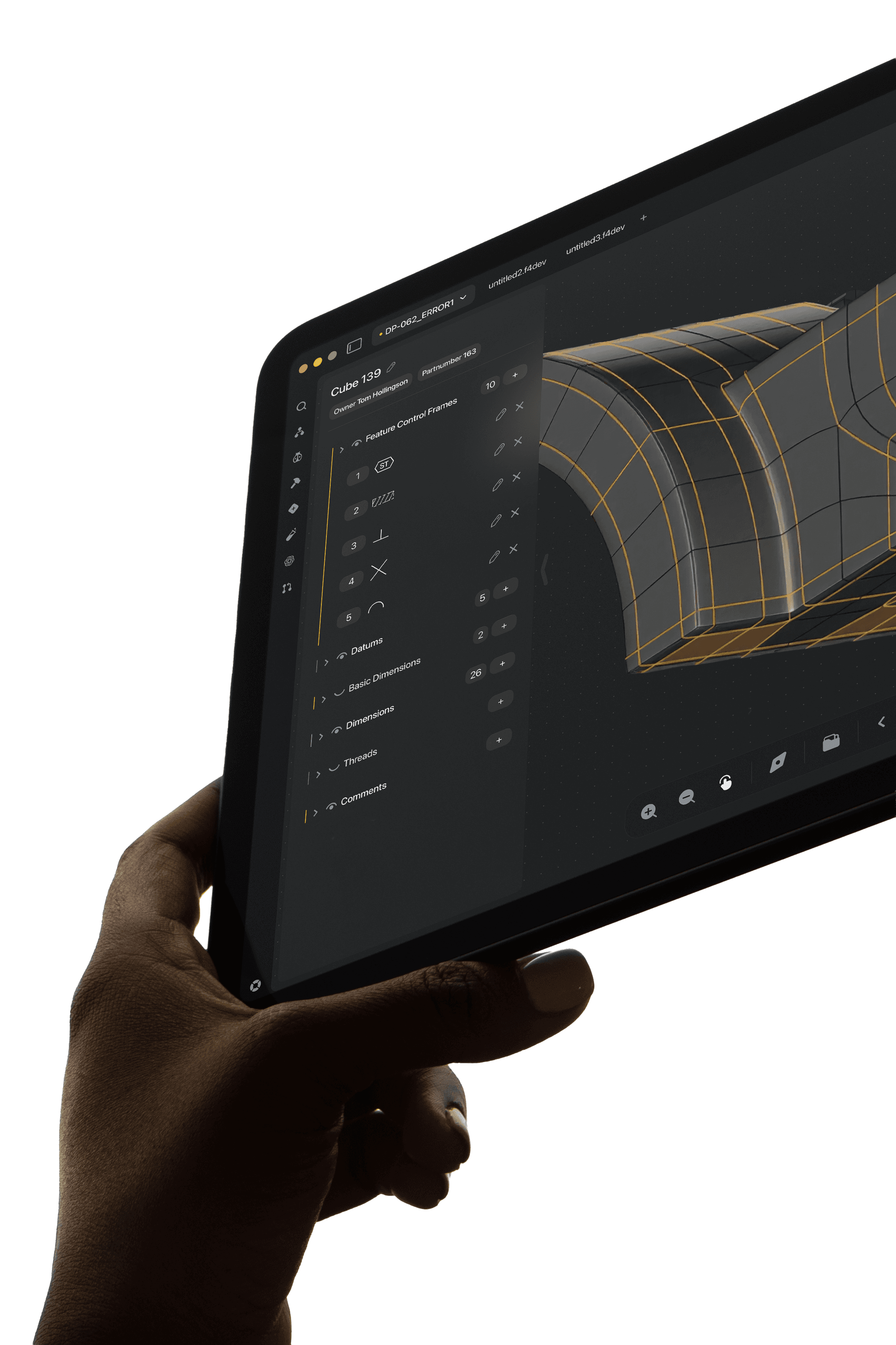 Laptop displaying advanced engineering and CAD interface with technical drawings, compliance analysis, and precision design tools in a modern software UI