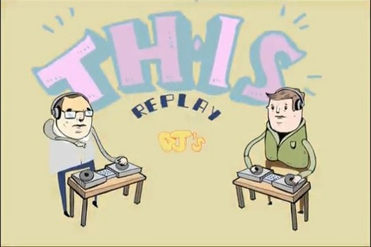 An illustration of two people, each at a music mixer and the text: This Replay DJ's.