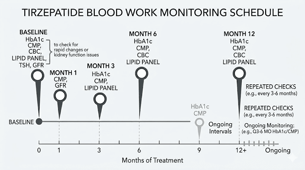 Tirzepatide blood work monitoring schedule showing when to get lab tests