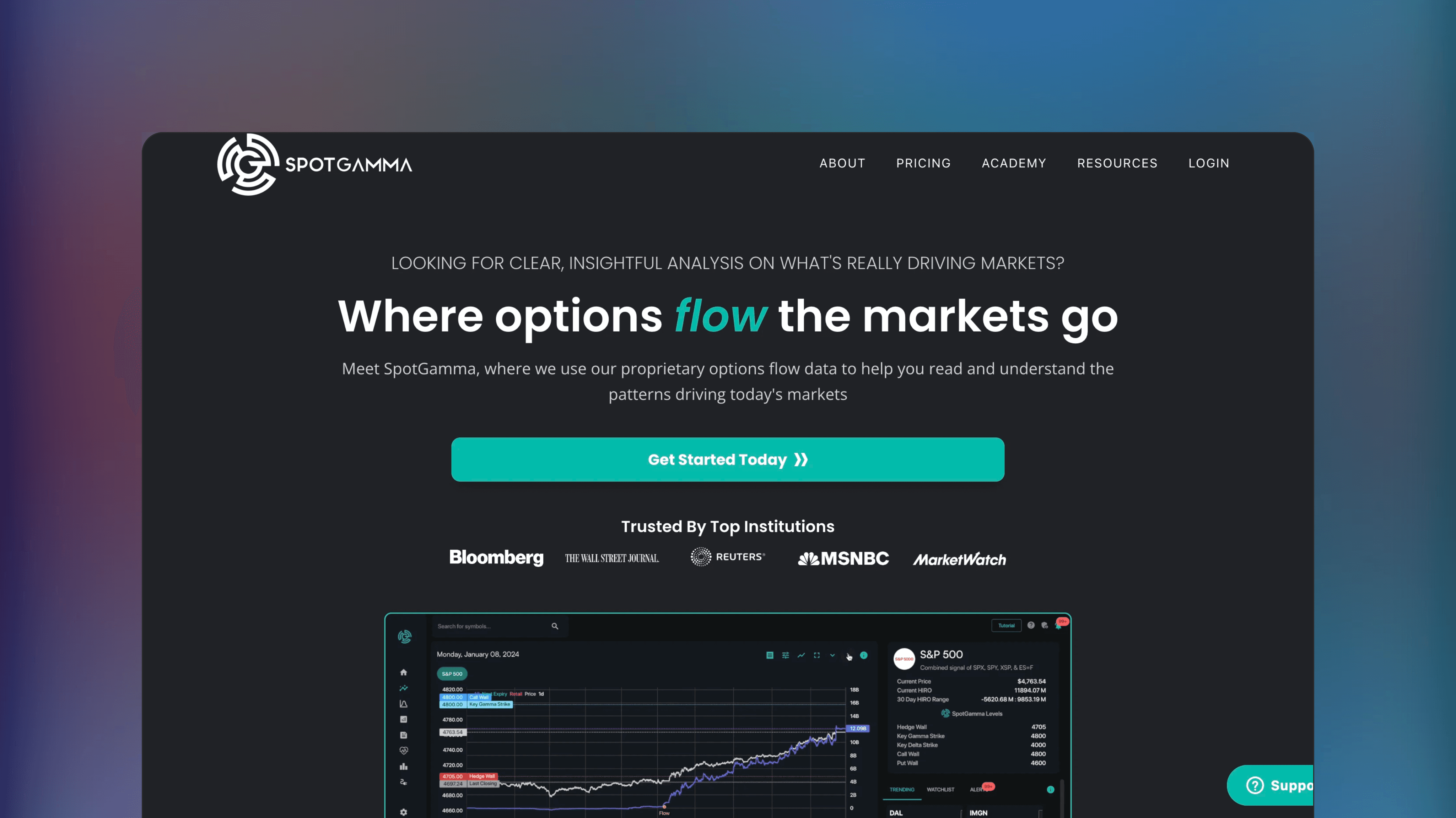Website preview of SpotGamma, trade analytics orderflow platform displaying charts for gamma exposure and dealer positioning.