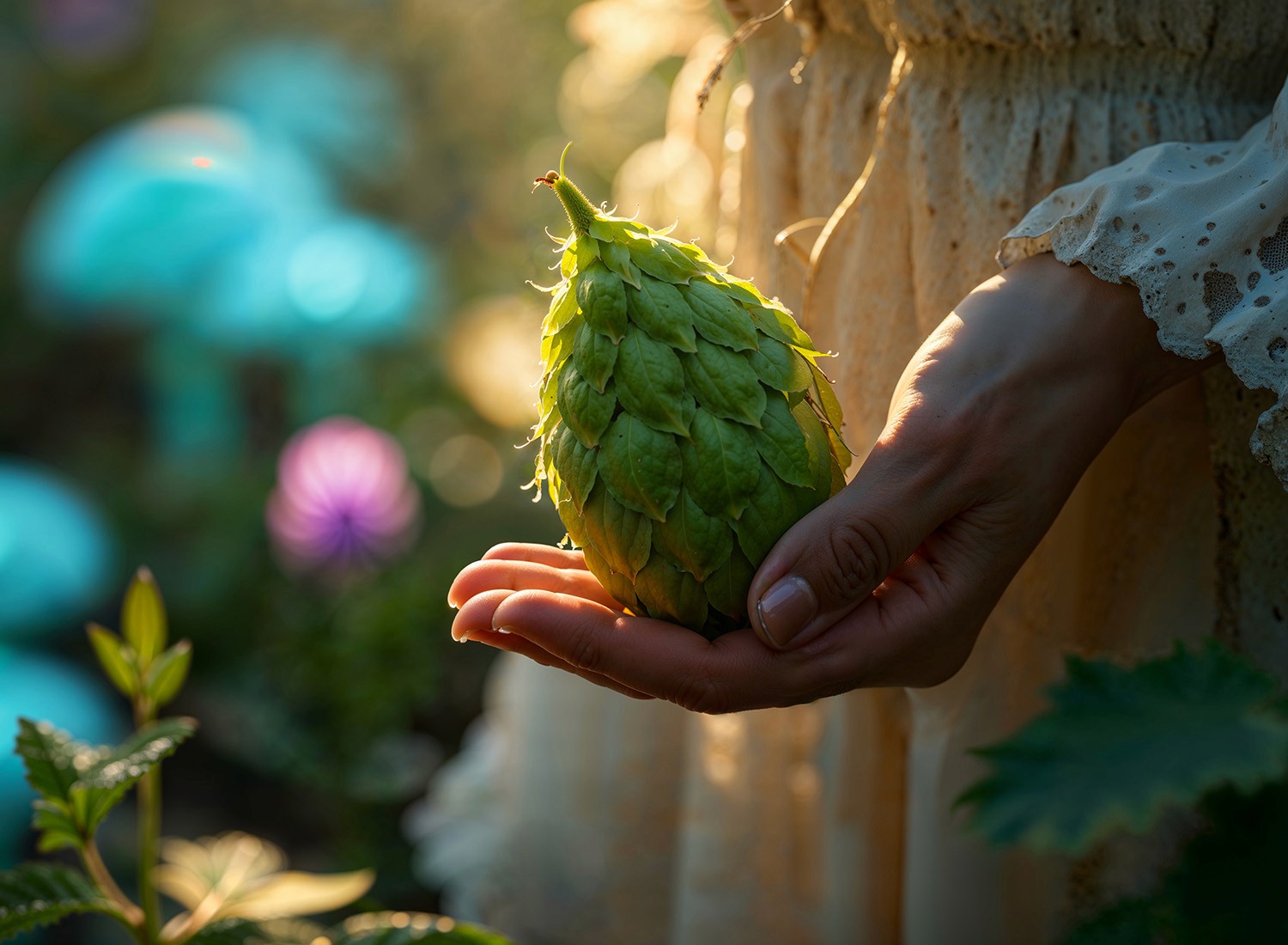 Closeup von der Hand eines Mädchen wie sie einen Hopfen hält als wäre es ein kostbarer Schatz