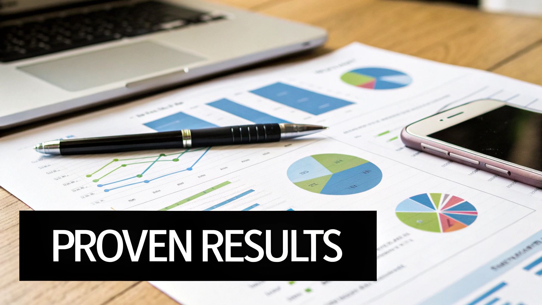 A desk with a laptop, a pen, a smartphone, and documents displaying various financial charts, with the text 'PROVEN RESULTS'.