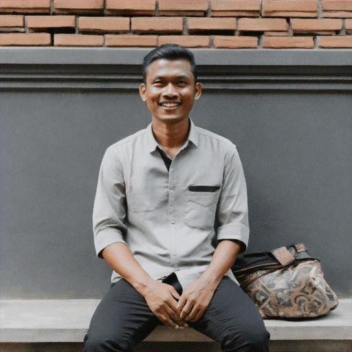 Smiling man sitting on a bench against a textured wall, wearing a light shirt and holding a bag.