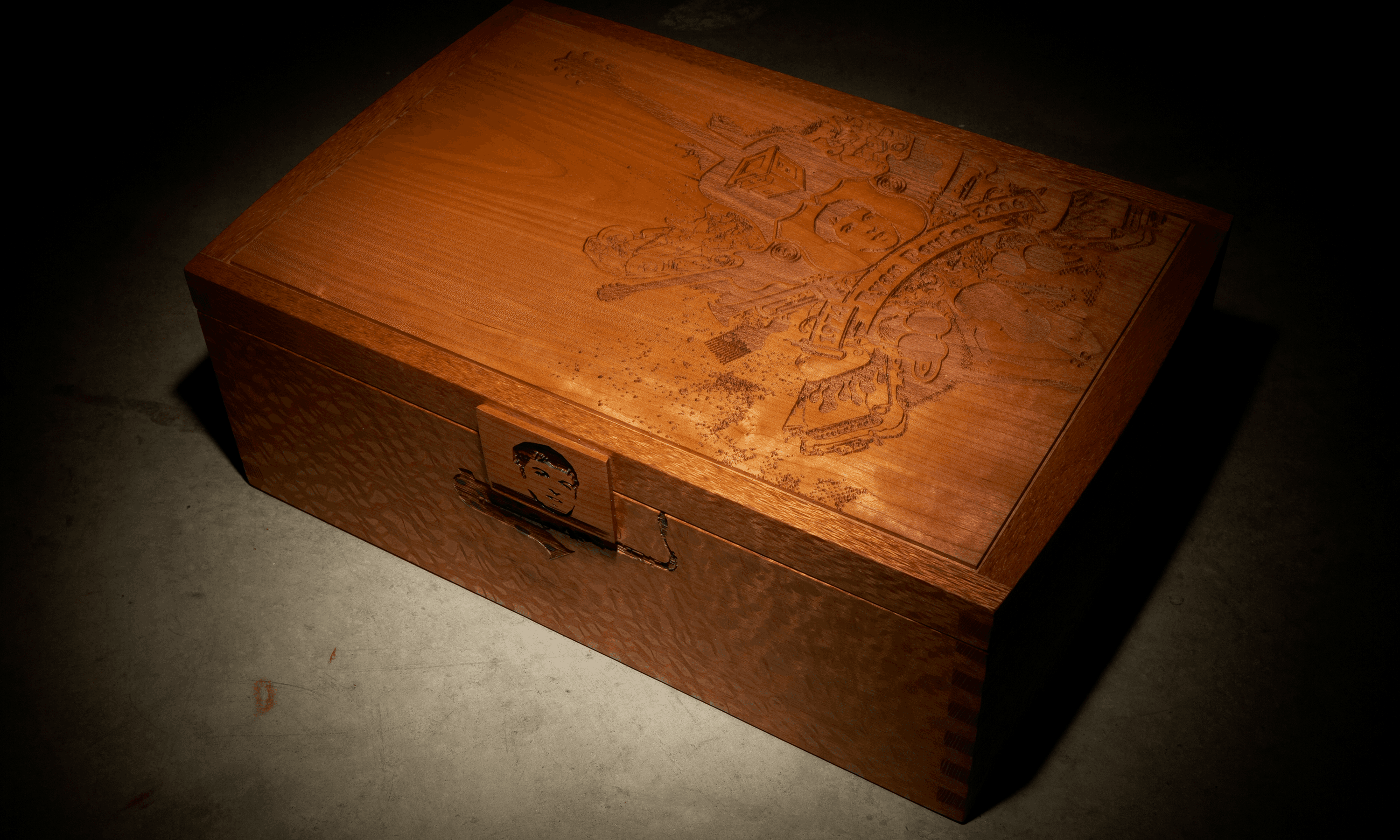custom, lasered wooden closed shoe box