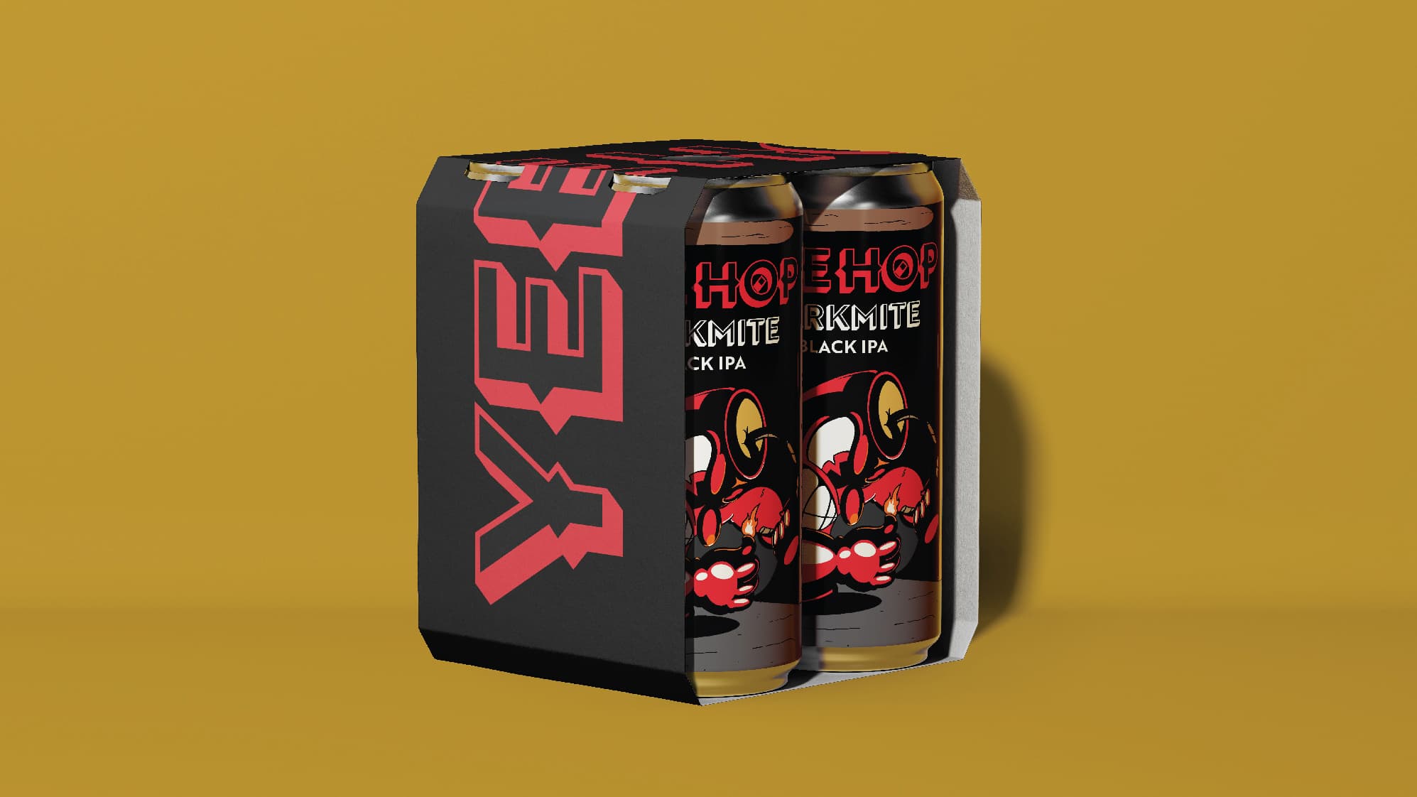 YeeHop Darkmite Black IPA outer packaging for a four-pack, with black packaging, a red YeeHop logo, and cans featuring playful rubber-hose–style artwork of a dynamite-inspired character on a yellow background.
