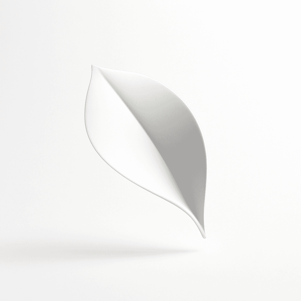 Minimalistic folded leaf form in soft white tones, elegant curves and subtle shadows on a clean background.