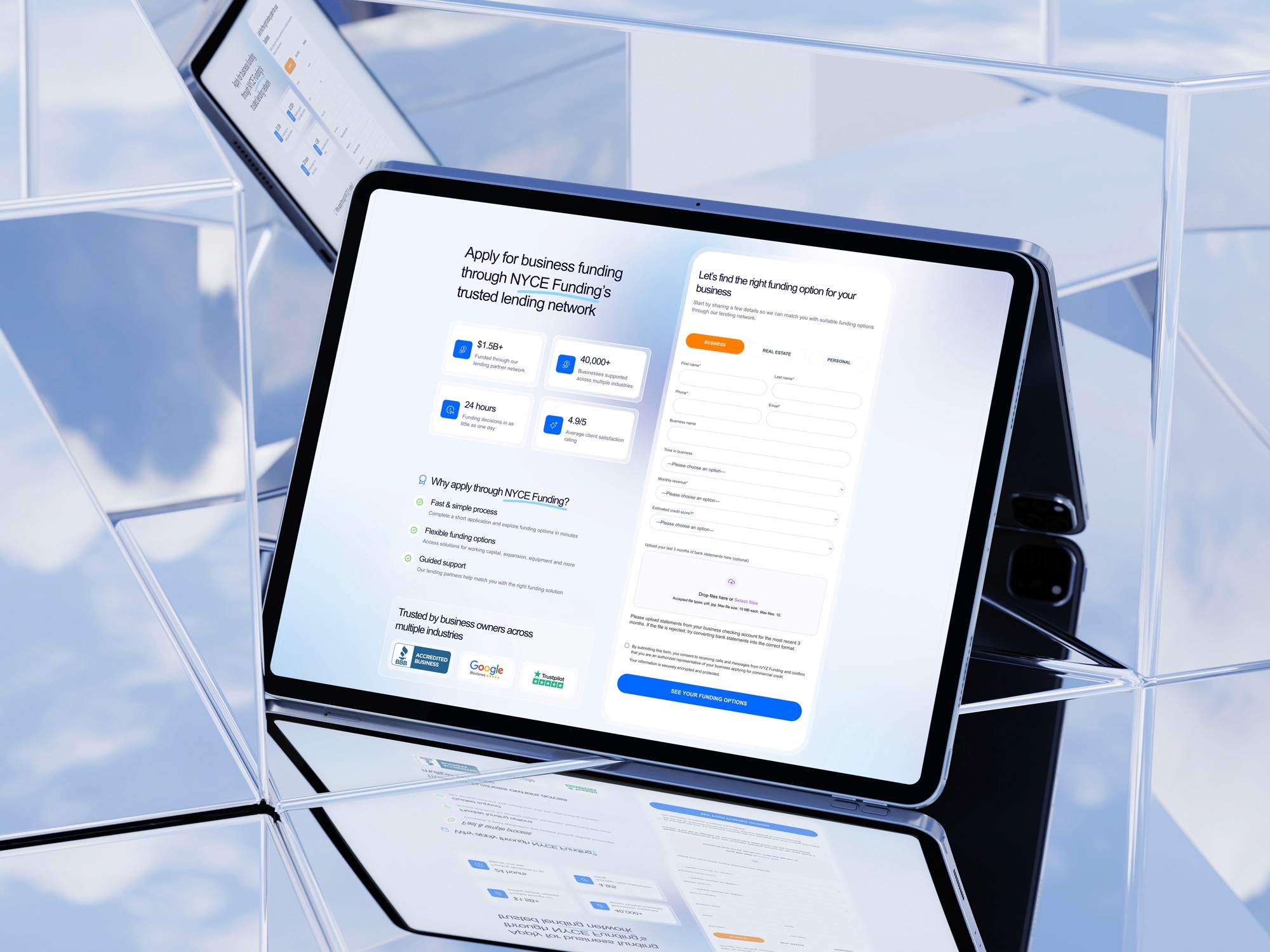 Desktop screen showing detailed funding application form with structured inputs