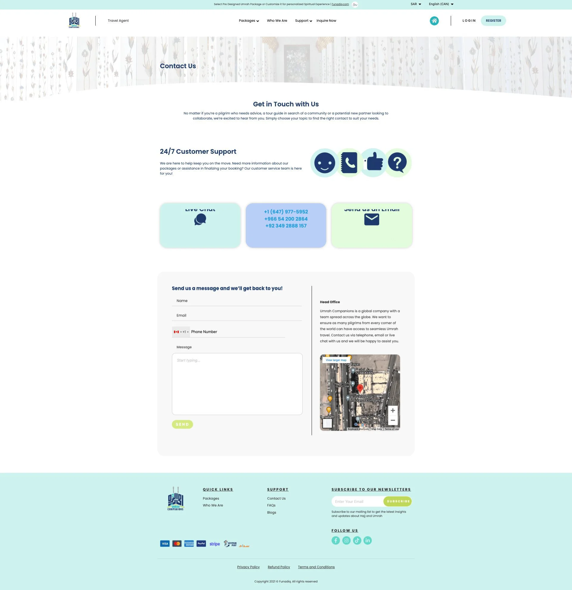 Custom Umrah travel agency Contact Page designed by Dreams Agency, Mississauga, Ontario.